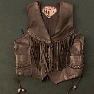 Black leather fringe vest
